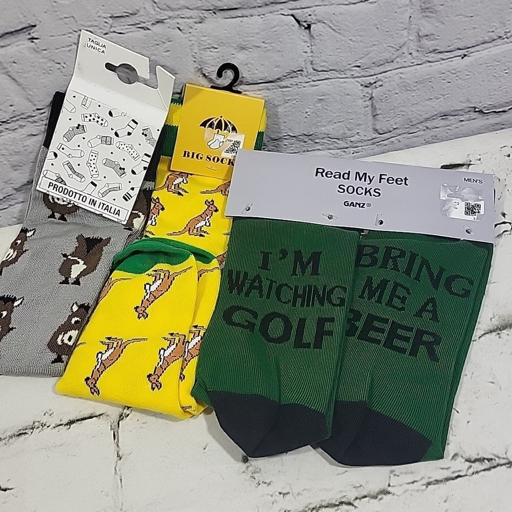 Mens Socks Novelty Lot Of‎ 3 Pairs Watching Golf Beer Warthog Kangaroo New